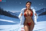  1girl 1girl 1girl ahegao_ai ai_generated apex_legends at bikini black braid braid breasts brown choker cleavage clothes coat collarbone dark dark-skinned eyeshadow forehead forest fur gap gold gradient hair jacket large loba_(apex_legends) long looking makeup multicolored nature navel open outside patreon red skin snow snowing stomach streaked swimsuit thigh thighs trim twin username viewer white winter 