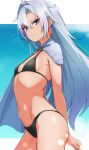  1girl 1girl a_(xenoblade) alluring bikini black_bikini blue_background closed_mouth commentary_request curtained_hair detached_collar earrings eyelashes glint grey_eyes grey_hair hair_between_eyes high_res jewelry kamidan letterboxed long_bangs long_hair looking_at_viewer navel small_breasts smile standing swimsuit xenoblade_(series) xenoblade_chronicles_3 xenoblade_chronicles_3:_future_redeemed 
