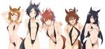 5girls absurd_res agnes_tachyon_(umamusume) ahoge alternate_costume animal_ears armpits arms_up bare_arms bare_shoulders big_breasts bikini black_bikini black_hair black_slingshot_swimsuit blush bow braid breasts brown_eyes brown_hair closed_mouth collarbone commentary commentary_request dantsu_flame_(umamusume) ear_covers ear_ribbon ear_tag earrings fang fuji_kiseki_(umamusume) gluteal_fold grin hair_between_eyes hair_ornament hairband hairclip half_up_half_down_braid high_res horse_ears horse_girl horse_tail incredibly_absurdres jewelry jungle_pocket_(umamusume) long_bangs long_hair long_hair_between_eyes looking_at_viewer manhattan_cafe_(umamusume) medium_breasts medium_hair multicolored_hair multiple_girls navel notched_ear open_mouth pink_hairband presenting presenting_armpit red_eyes short_hair simple_background single_earring slingshot_swimsuit smile stomach swimsuit tail teeth umamusume umeiart white_background white_hair yellow_eyes