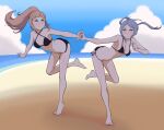  1girl 2_girls alluring aqua_eyes ass bangs bare_legs barefoot beach big_ass bikini black_bikini black_swimsuit blue_hair brown_hair cleavage felicia_(fire_emblem) female_only fire_emblem fire_emblem_fates flora_(fire_emblem) green_eyes grey_eyes holding_hands intelligent_systems legs light_blue_hair long_hair looking_at_another medium_breasts multiple_females multiple_girls nintendo outside ponytail running short_hair siblings silf silfs sisters skikuro small_breasts smile swimsuit twin_tails twins under_boob 