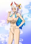  1girl 1girl absurd_res alluring athletic_female big_breasts blue_and_white_hair earrings female_abs fit_female hand_on_own_hip high_res horns jewelry multicolored_hair nel-zel_formula nipples nude one_piece ponytail pussy smile source_request standing tagme white_hair yamato_(one_piece) 
