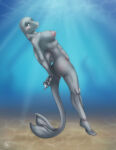 1girl abs anthro aquatic areola blue_eyes breasts cetacean detailed_background dolphin feet female fin furrypinups_(artist) grey_body grey_skin high_res looking_at_viewer mammal membrane_(anatomy) nipples nude oceanic_dolphin sea seabed side_boob side_view solo toes toothed_whale underwater water webbed_feet webbed_hands
