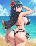  1girl 1girl alluring ass beach big_breasts bikini blue_eyes blue_nails butt_crack byleth_(fire_emblem) byleth_(fire_emblem)_(female) byleth_(summer)_(fire_emblem)_(female) capelet female_only fire_emblem fire_emblem:_three_houses fire_emblem_heroes hair_flower looking_at_viewer looking_back medium_breasts nintendo pink_lips shiny_skin sideboob skindentation sky teal_hair thick_ass thick_butt vermadis2x voluptuous voluptuous_female water wide_hips 