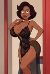  1girl 20th_century_studios ai_generated bedroom big_breasts black_lingerie bodysuit brown_skin cartoon_milf cleavage confident curvy dark_skin disney donna_tubbs family_guy fanart female hand_on_hip huge_breasts lace lingerie mature milf nsfw pose seductive sexy sheer smile solo stani993 teasing the_cleveland_show thick voluptuous 