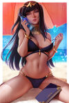1girl alluring alternate_costume big_breasts bikini black_bikini black_swimsuit book bottle cleavage female_only fire_emblem fire_emblem_awakening fire_emblem_warriors intelligent_systems looking_at_viewer milf nintendo off_shoulder olchas outside spread_legs swimsuit tharja tharja_(fire_emblem) undressing