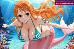  1girl ai_assisted ai_generated air_bubble big_breasts bikini bikini_top_only breasts brown_eyes bubble cleavage closed_mouth collarbone coral female female_only fish floating_hair long_hair looking_at_viewer mermaid monster_girl nami_(one_piece) one_piece orange_hair scales smile solo stelmazura sunlight swimsuit tattoo underwater 