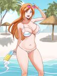  1girl 1girl absurd_res alluring bare_arms bare_shoulders beach beach_umbrella belly big_breasts bikini bleach bleach:_epilogue blush cleavage collarbone commentary commission english_commentary eyewear_on_head feet_out_of_frame halterneck hand_up high_res holding holding_removed_eyewear holding_water_gun inoue_orihime long_hair looking_at_viewer navel ocean official_alternate_costume open_mouth orange_eyes orange_hair palm_leaf palm_tree pink-framed_eyewear revealing_clothes ririvart sand skindentation standing stomach string_bikini sunglasses swimsuit teeth thighs tree umbrella unworn_eyewear upper_teeth_only water water_gun white_bikini 