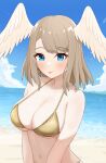  1girl 1girl absurd_res beach big_breasts bikini blue_eyes brown_hair eunie_(xenoblade) gold_bikini golden_week head_wings high_res keaworks looking_at_viewer medium_hair navel ocean smile swimsuit tongue tongue_out water white_wings wings xenoblade_(series) 