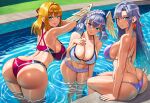  1girl 3_girls a_(xenoblade) alluring ass bent_over big_breasts bikini blonde_hair blue_eyes butt_crack choker cleavage core_crystal curvaceous curvy curvy_figure dat_ass female_only fiora_(xenoblade) green_eyes hair_braid hair_ornament head_wings high_entia long_hair looking_at_viewer looking_back medium_hair melia_antiqua monolith_soft necklace nintendo partially_submerged pool poolside ripples seductive_eyes seductive_look seductive_smile short_hair silver_hair single_earring sitting smile swimming_pool swimsuit two-piece_bikini vermadis2x voluptuous voluptuous_female water wide_hips xenoblade_(series) xenoblade_chronicles_1 xenoblade_chronicles_3 yellow_hair 