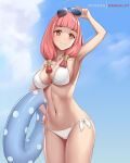  1girl allurings arm_up artist_name bikini cleavage closed_mouth dakkalot fire_emblem fire_emblem_fates innertube intelligent_systems long_hair medium_breasts mitama_(fire_emblem) nintendo pink_hair star-shaped_pupils star_(symbol) sunglasses sunglasses_on_head swimsuit symbol-shaped_pupils white_bikini 