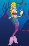 1girl bare_breasts big_breasts blonde_hair dazed expressionless female femsub fish_girl glowing mermaid midriff mythkaz nintendo nude princess_peach simple_background super_mario_bros. tail tentacle topless underwater undressing