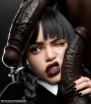  1girl 1girls 2boys 3d artist_name big_penis black_hair black_nail_polish braces bridge_piercing chopstick_fingernails dark-skinned_male dark_skin facial_tattoo female_focus freckles freckles_on_face gritted_teeth group huge_cock interracial jenna_ortega light-skinned_female light_skin long_fingernails long_nails male male/female mmf_threesome multiple_penises netflix nose_piercing nose_ring one_eye_closed penis penis penis_on_face penis_on_head piercing piercings sadocrimson3d straight tattoo the_addams_family threesome trio very_long_fingernails watermark wednesday_(netflix) wednesday_addams 