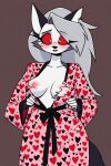  1girl ai_generated blush dress female_focus female_only furry furry_only heart_symbol helluva_boss long_hair loona_(helluva_boss) open_mouth red_eyes self_upload simple_background suprised tearing_clothes torn_clothes torn_dress wardrobe_malfunction 