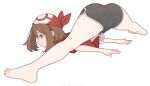 1girl 1girl ass blue_eyes brown_hair feet may_(pokemon) nintendo pokemon shorts solo_female stretching thighs