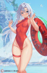  1girl 1girl :o a_(xenoblade) alluring artist_name bare_shoulders blue_eyes blue_sky blush competition_swimsuit covered_navel day earrings feet_out_of_frame grey_hair groin high_res highleg highleg_one-piece_bikini holding holding_swim_ring innertube jewelry long_hair looking_at_viewer monolith_soft one-piece_bikini outside parted_lips red_one-piece_bikini single_earring skindentation sky small_breasts sparkle standing swim_ring swimsuit thigh_strap very_long_hair xeno_(series) xenoblade_(series) xenoblade_chronicles_3 xenoblade_chronicles_3:_future_redeemed z-ki 