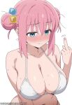 ai_generated bikini blue_eyes blush bocchi_the_rock! embarrassed gigantic_breasts gotou_hitori hair_ornament huge_breasts light-skinned_female light_skin lilabratt massive_breasts middle_finger pink_hair solo_female squatting sweat sweatdrop thick_body thick_female twin_buns voluptuous voluptuous_female 