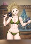  1girl :d abs absurd_res alluring alternate_costume athletic_female bare_shoulders big_breasts bikini blacksmith blonde_hair bookshelf calney_(fire_emblem) cleavage collarbone commission commissioner_upload female_abs fire_emblem fire_emblem_engage fit_female gluteal_fold green_bikini green_eyes hammer hands_up high_ponytail high_res holding holding_hammer indoors intelligent_systems looking_at_viewer nintendo non-web_source open_mouth ponytail redkite333 rock side-tie_bikini_bottom smile smithing swimsuit thighs toned toned_female 