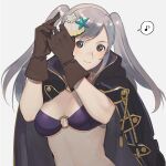  1girl 1girl alluring bikini brown_eyes brown_gloves cape cleavage female_focus fire_emblem fire_emblem_awakening fire_emblem_heroes gloves grey_hair hair_ornament intelligent_systems kyufe long_hair looking_at_viewer medium_breasts musical_note nintendo o-ring o-ring_bikini robin_(fire_emblem) robin_(fire_emblem)_(female) robin_(summer)_(fire_emblem)_(female) seashell shell shell_hair_ornament simple_background smile spoken_musical_note swimsuit twin_tails under_boob upper_body 