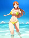  1girl 1girl alluring bare_shoulders big_breasts bikini bleach blue_sky closed_eyes cloud collarbone commentary english_commentary female_focus happy inoue_orihime navel ocean open_mouth orange_hair partially_submerged ririvart shiny_skin sky solo_focus standing stomach swimsuit teeth tongue upper_teeth_only water wet 