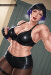  1girl 1girl 1girl abs alluring artist_name athletic_female black_and_purple_hair black_shorts collar commentary crop_top electricity english_commentary female_abs female_only fingerless_gloves fit_female gloves high_res looking_to_the_side monosabina multicolored_hair namco reina_(tekken) shorts simple_background tekken tekken_8 thick_thighs thighs twitter_username two-tone_hair 