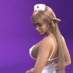  1girl 1girl 1girl 3d blonde blonde_hair bra centaur centauress close-up creature daz3d daz_studio equine erobunny erobunny3d fantasy female_focus female_only green_eyes horse lingerie lips monster_girl mythology nurse nurse_cap nurse_outfit nurse_uniform pinup pony portrait purple_background white_fur white_skin 