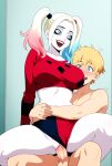  1boy 1girls ai_generated batman_(series) big_breasts blonde_hair blue_eyes blue_hair breasts clothed clothed_female clothed_female_nude_male crop_top dc_comics dc_comics eyeshadow harley_quinn hugging hugging_from_behind indoors legs_spread lipstick long_sleeve_shirt midriff multicolored_hair multicolored_shirt multicolored_shorts naked_male nude nude nude_male penis_in_pussy pink_hair reverse_upright_straddle sex short_shorts shorts shorts_aside smile testicle twin_tails vaginal_penetration white_skin 