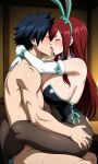 1boy 1girl ass_grab black_hair bunnysuit closed_eyes embrace erza_scarlet fairy_tail fairy_tail:_dragon_cry french_kiss gray_fullbuster huge_breasts kissing male/female nude_male red_hair romantic sitting_on_lap