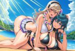 1girl 2_girls all_fours alluring beach bent_forward bent_over bikini bikini_skirt blue_eyes blue_nails blush bottomless_skirt breast_press byleth_(fire_emblem) byleth_(fire_emblem)_(female) byleth_(summer)_(fire_emblem)_(female) capelet cleavage clouds corrin_(fire_emblem) corrin_(fire_emblem)_(female) corrin_(summer)_(fire_emblem)_(female) curvy dagger female_only fire_emblem fire_emblem_warriors flower_in_hair flower_necklace glossy_lips hair_flower hairband hand_on_head hanging_breasts happy intelligent_systems kneel leaning_forward long_hair lying lying_on_another lying_on_person lying_on_side medium_hair necklace nervous nintendo ocean on_top on_top_of_another pink_lips red_eyes red_nails sand shiny_hair shiny_lips side-by-side silver_hair sunbeam teal_hair teeth thick_ass thick_butt thick_thighs vermadis2x voluptuous voluptuous_female water wide_hips