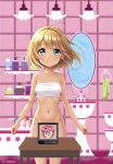 1girl amy_rose anime anime_girl bathroom bathtub belly_button blonde_hair blue_eyes covered_breasts lights mirror nude shelf sink smile table toilet towel tv