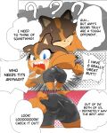 angry ass ass_grab bent bent_over comic dialogue furry furry_female grabbing grabbing_own_ass pantylines sega skirt_pull sonic_boom sonic_the_hedgehog_(series) spats sticks_the_jungle_badger text text_bubble