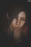 1girl 3d blowjob_face brunette claire_redfield claire_redfield_(jordan_mcewen) digital_media_(artwork) fellatio green_eyes light-skinned_male light_skin looking_at_viewer male project_vega resident_evil resident_evil_2 resident_evil_2_remake tagme 