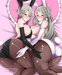  1girl 2_girls alluring ass ass_grab back bare_shoulders big_breasts blush breasts bunny_ears bunny_tail bunnysuit cameltoe cleavage deep_skin detached_collar elbow_gloves from_behind gloves grey-haired_female grey_hair gucchi_(n3gt6apf) half_updo heart heart_pillow long_hair looking_at_viewer milf multiple_females multiple_girls nakiri_alice nakiri_leonora pantyhose parted_lips pillow platinum_blonde_hair pussy red_eyes shiny shiny_clothes shiny_hair shiny_skin shokugeki_no_souma short_hair sideboob smile tail 