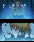  1boy 1girl absurd_res big_breasts bleach brown_eyes chainsaw_man closed_mouth hair_ornament hairclip hetero high_res i'll_teach_you_everything_(chainsaw_man) inoue_orihime kurosaki_ichigo long_hair looking_at_viewer nude orange_hair partially_submerged pool scene_reference sela_(chanppu) short_hair skinny_dipping smile snowflake_hair_ornament swimming_pool water wet 
