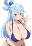 ai_generated alternate_breast_size aqua_(konosuba) bikini blue_eyes blue_hair breasts_bigger_than_head fellatio_gesture gigantic_breasts goddess grin hair_bun huge_breasts kono_subarashii_sekai_ni_shukufuku_wo! light-skinned_female light_skin lilabratt long_hair looking_at_viewer massive_breasts seductive_eyes seductive_smile solo_female squatting sweat sweatdrop thick_body thick_female voluptuous voluptuous_female