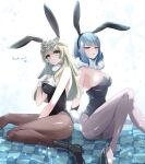  1girl 2_girls alluring alternate_costume alternate_hairstyle animal_ears arms_behind_back bangs bare_shoulders big_breasts black_leotard blonde_hair blue_eyes blue_hair bunny_ears bunny_girl bunnysuit cleavage commission crown crystal detached_collar earrings fake_animal_ears fake_tail female_only fire_emblem fire_emblem_heroes fjorm_(fire_emblem) fur_trim gloves gradient_hair hair_ornament hand_on_own_chest high_heels ice intelligent_systems jewelry kuratarou0011 leotard long_hair looking_at_viewer mature_female medium_breasts multicolored_hair multiple_females multiple_girls nifl_(fire_emblem) nintendo official_alternate_hairstyle open_mouth pantyhose playboy_bunny plunging_neckline rabbit_ears rabbit_tail short_hair simple_background skeb_commission skin_tight snowflakes spread_legs stare_down strapless strapless_leotard tail thighs tiara tile_floor tiles undersized_breast_cup white_gloves 