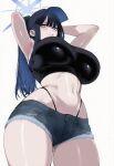 1girl ai_generated armpits ass ass_visible_through_thighs blue_archive blush booty_shorts breasts cap clothed clothed_female gigantic_breasts halo hips huge_ass huge_breasts light-skinned_female light_skin long_hair looking_at_viewer panties ponytail saori_(blue_archive) short_shorts small_waist stomach thick_thighs thighs truck-kun_art tummy white_background wide_hips