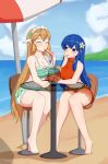  2_girls alluring auburn_hair beach bikini blue_hair blue_sky caeda_(fire_emblem) caeda_(summer)_(fire_emblem) fire_emblem fire_emblem_heroes fire_emblem_warriors intelligent_systems ocean onlysupclass sharing_drink ymir_(fire_emblem) 