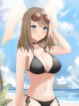 1girl 1girl :o absurd_res alluring aviator_sunglasses beach big_breasts bikini black_bikini black_choker blue_eyes blush brown_hair choker cleavage eunie_(xenoblade) eyewear_on_head hand_on_own_head head_wings high_res keaworks looking_at_viewer medium_hair navel o-ring ocean open_mouth palm_leaf palm_tree sand side-tie_bikini_bottom sideboob string_bikini summer sunglasses swept_bangs swimsuit tree white_wings wings xenoblade_(series) xenoblade_chronicles_3 