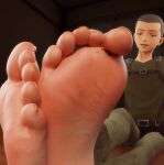 2boys 3d_(artwork) attack_on_titan barefoot clothed connie_springer domination eren_jaeger feet foot_fetish giant_cock indoors macro male male_feet male_foot_fetish male_only mrgtsfloop no_visible_genitalia shaved_head story_at_source story_in_description
