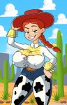  1girl 1girl big_breasts big_breasts braid breasts busty_female cactus cow_girl desert disney female_focus female_only green_eyes hat hips hips_wider_than_shoulders huge_breasts huge_thighs jeans jessie_(toy_story) light-skinned_female lips looking_at_viewer mischievous_smile nipples nipples_visible_through_clothing pants pixar red_hair sexy sexy_female sexy_pose sky smile thick_legs thick_thighs thighs_bigger_than_torso toy_story unknowndraw6798 voluptuous voluptuous_female 