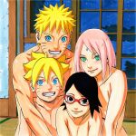  2_girls 2boys boruto:_naruto_next_generations boruto_uzumaki cowboy_shot family_sex hugging indoors manga_style naruto naruto_uzumaki sakura_haruno sarada_uchiha smile tagme 