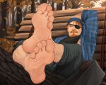 1boy 2025 arm_hair autumn barefoot eyepatch facial_hair feet foot_fetish ginger human inkhashiras leg_hair male_feet male_foot_fetish oc original original_character outside solo_human solo_male story_at_source story_in_description toes wood