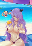  2_girls absurd_res anger_vein ball beach beach_towel beach_umbrella beachball big_breasts bikini blonde_hair blush camilla_(fire_emblem) chibi cloud cloudy_sky collarbone covered_erect_nipples day elise_(fire_emblem) fire_emblem fire_emblem_fates fire_emblem_heroes fire_emblem_warriors groin hair_over_one_eye hei_ling high_res horn_ornament horns intelligent_systems long_hair looking_at_viewer lotion micro_bikini multiple_girls nail_polish navel nintendo nipples ocean open_mouth pointing purple_eyes purple_hair purple_nails shell sitting sky sling_bikini slingshot_swimsuit smile starfish sunscreen swimsuit towel twin_tails umbrella wavy_hair 