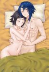  1boy 1girl abs absurd_res alcryst_(fire_emblem) big_breasts black_hair blue_hair closed_eyes commentary commission completely_nude convenient_censoring couple english_commentary fire_emblem fire_emblem_awakening fire_emblem_engage from_above hetero high_res intelligent_systems lying medium_breasts nintendo noire_(fire_emblem) nude on_back on_bed open_mouth redkite333 short_hair sleeping 