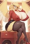 ai_generated angel angel_wings anthro bird_girl blonde_hair feathers glasses halo hazbin_hotel high_heels speaker_of_god_(hazbin_hotel) stable_diffusion surikat voluptuous voluptuous_body voluptuous_female yellow_skin