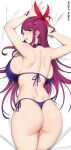  1girl 1girl alluring alternate_costume ass ass_focus bare_shoulders big_breasts bikini blush dimples_of_venus fire_emblem fire_emblem_engage flower from_behind hair_flower hair_ornament intelligent_systems ivy_(fire_emblem) ivy_(summer)_(fire_emblem) kaos_art long_hair looking_at_viewer looking_back nintendo open_mouth purple_hair red_eyes sideboob smile swimsuit thong thong_bikini very_long_hair 