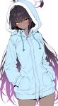  1girl ai_generated blue_archive blush breasts clothed clothed_female collarbone dark-skinned_female dark_skin halo hoodie huge_breasts karin_(blue_archive) long_hair looking_at_viewer nikumist simple_background thick_thighs thighs white_background yellow_eyes 