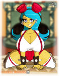 alternate_version_available artist_name artist_signature bed big_breasts blue_eyes blue_hair breasts chillguydraws earrings el_tigre frida_suarez frostbiteboi goggles goggles_on_head looking_at_viewer on_bed shirt skirt spiked_armband stockings suspenders