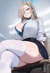 1girl ai_generated ass asuna_(blue_archive) blue_archive blush bra breasts grin halo huge_ass huge_breasts light-skinned_female light_skin lips long_hair looking_at_viewer school_uniform schoolgirl skirt smile smirk thick_thighs thighs truck-kun_art 