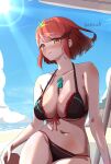 1girl absurd_res alluring artist_name bare_shoulders big_breasts bikini blue_sky blush bob_cut cleavage commentary_request high_res kanuici336 light_smile looking_at_viewer navel pyra_(xenoblade) red_bikini red_hair simple_background sky sunlight swept_bangs swimsuit thighs tiara xenoblade_(series) xenoblade_chronicles_2